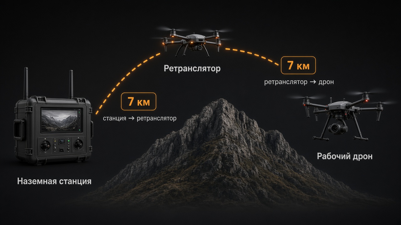 Схема Ascent: наземная станция, ретранслятор над препятствием и миссионный дрон